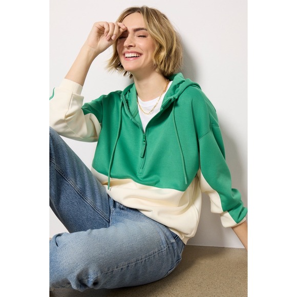 Z SUPPLY Colorblock Half Zip Sweatshirt Hoodie Green/Cream Size  XL NEW - Picture 2 of 9